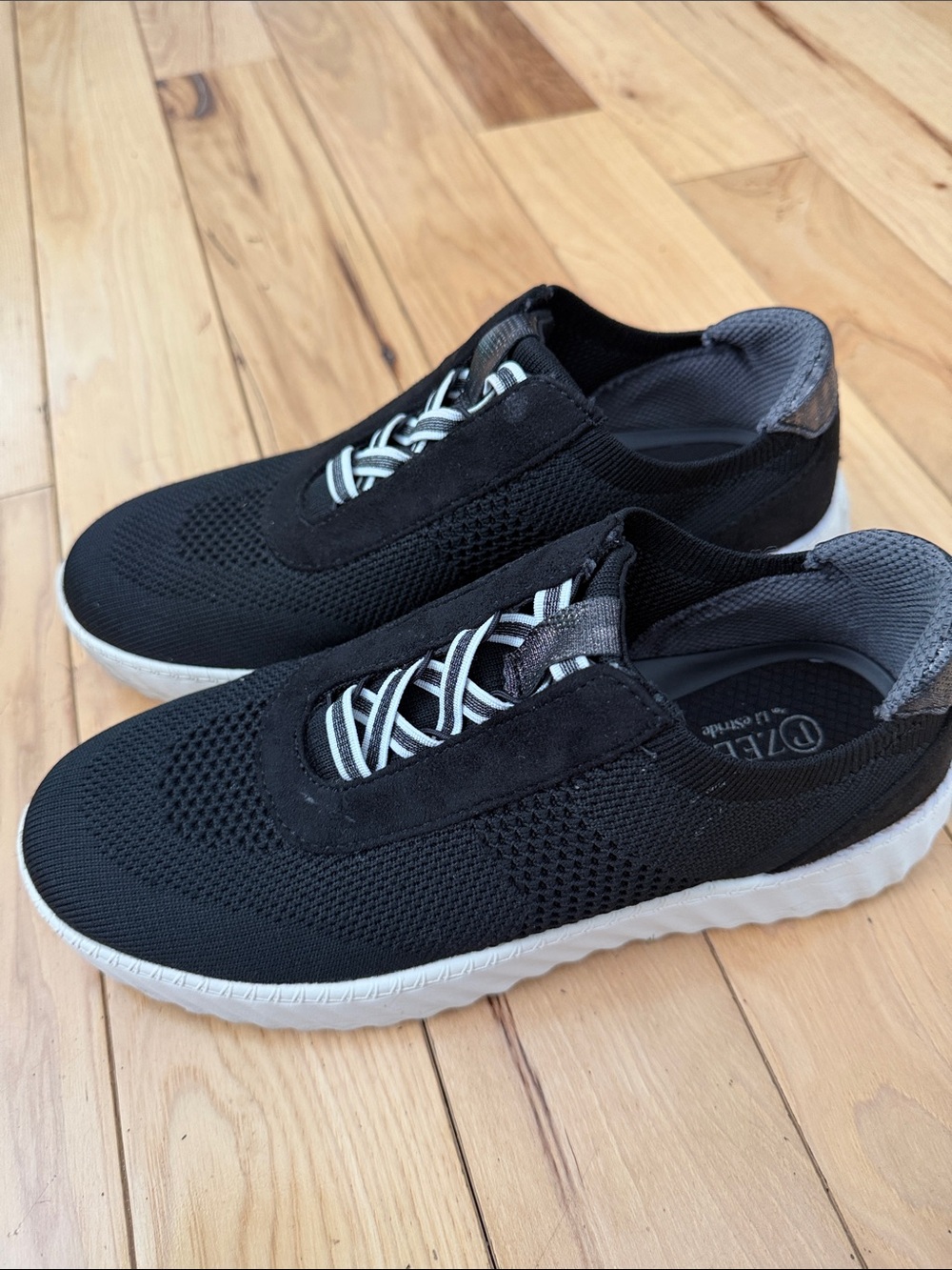 Women’s Black Knit Slip-On Sneakers with White Sole